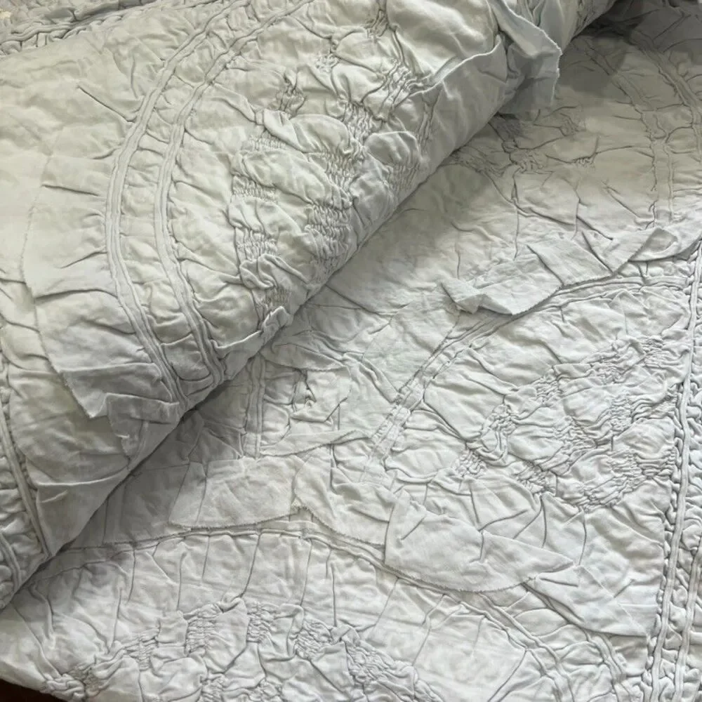 Anthropologie Rivulets Tufted Full Quilt Set Grey Ruched Ruffles